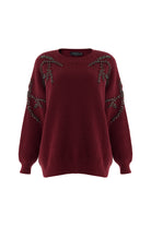 Exquise-Bisiklet Yaka Taş İşlemeli Uzun Kollu Oversize Vişne Triko Bluz-BLUZ-6-Milagron.com