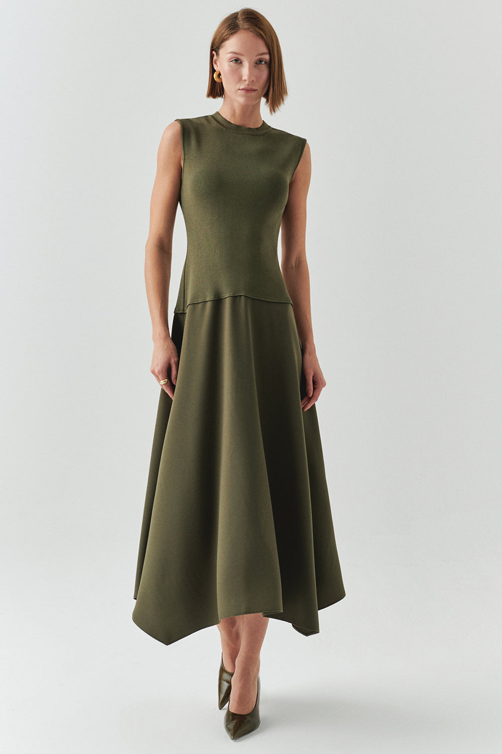 Exquise-Bisiklet Yaka Triko Garnili Asimetrik Kesim Slim Fit Midi Haki Elbise-ELBİSE-2-Milagron.com