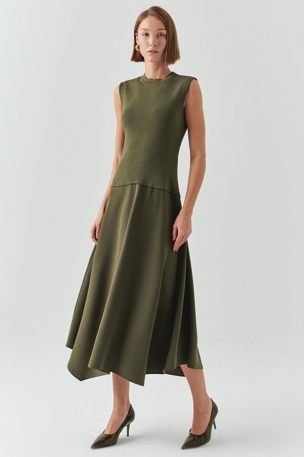 Exquise-Bisiklet Yaka Triko Garnili Asimetrik Kesim Slim Fit Midi Haki Elbise-ELBİSE-4-Milagron.com