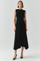 Exquise-Bisiklet Yaka Triko Garnili Asimetrik Kesim Slim Fit Midi Siyah Elbise-ELBİSE-2-Milagron.com