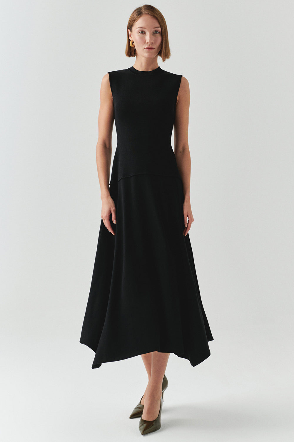 Exquise-Bisiklet Yaka Triko Garnili Asimetrik Kesim Slim Fit Midi Siyah Elbise-ELBİSE-5-Milagron.com