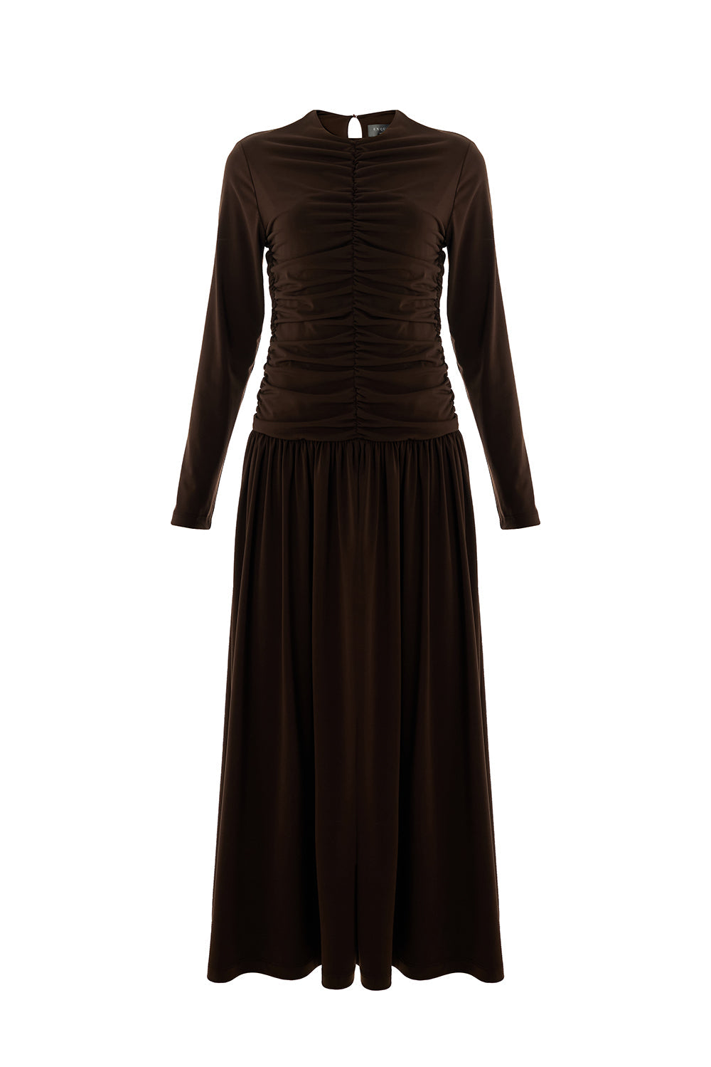 Exquise-Bisiklet Yaka Uzun Kollu Drapeli Slim Fit Midi Örme Kahve Elbise-ELBİSE-7-Milagron.com