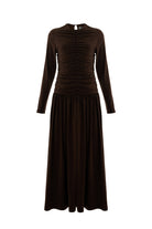 Exquise-Bisiklet Yaka Uzun Kollu Drapeli Slim Fit Midi Örme Kahve Elbise-ELBİSE-7-Milagron.com