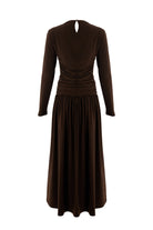 Exquise-Bisiklet Yaka Uzun Kollu Drapeli Slim Fit Midi Örme Kahve Elbise-ELBİSE-8-Milagron.com