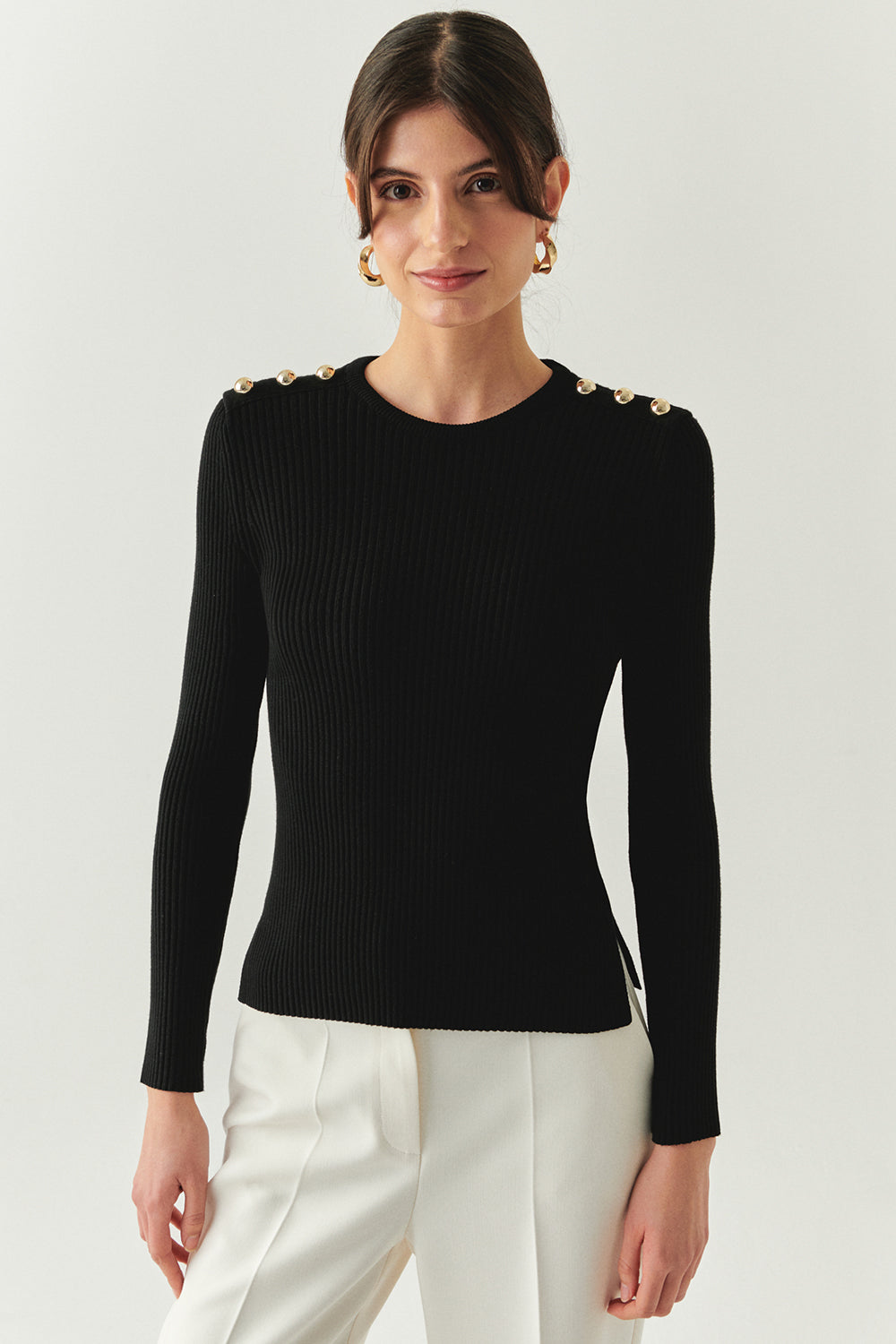 Exquise-Bisiklet Yaka Uzun Kollu Düğme Detaylı Slim Fit Triko Siyah Bluz-BLUZ-1-Milagron.com