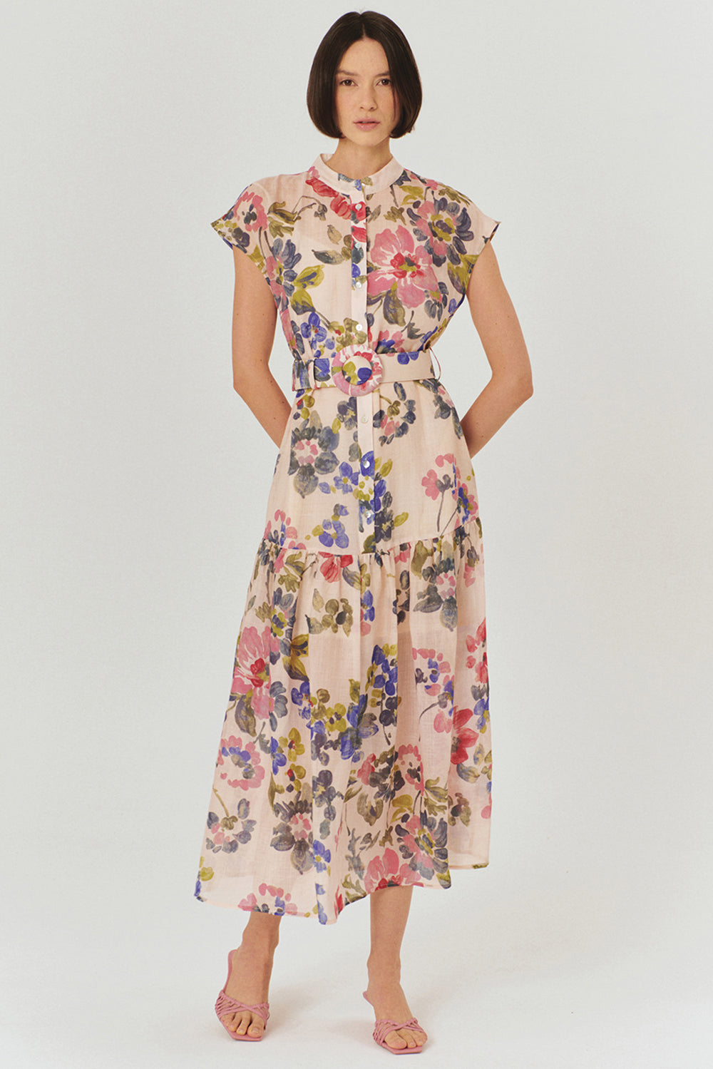 Exquise-Bisiklet Yaka önden Düğmeli Bele Oturan Kolsuz Floral Desen Elbise-ELBİSE-1-Milagron.com