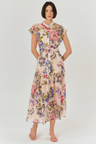 Exquise-Bisiklet Yaka önden Düğmeli Bele Oturan Kolsuz Floral Desen Elbise-ELBİSE-1-Milagron.com