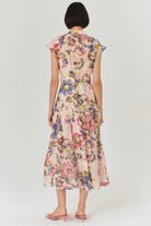 Exquise-Bisiklet Yaka önden Düğmeli Bele Oturan Kolsuz Floral Desen Elbise-ELBİSE-3-Milagron.com