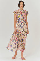 Exquise-Bisiklet Yaka önden Düğmeli Bele Oturan Kolsuz Floral Desen Elbise-ELBİSE-4-Milagron.com