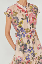 Exquise-Bisiklet Yaka önden Düğmeli Bele Oturan Kolsuz Floral Desen Elbise-ELBİSE-5-Milagron.com