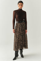 Exquise-Boğazlı Drapeli Uzun Kollu Slim Fit Kahve Tül Bluz-BLUZ-5-Milagron.com