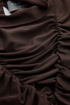 Exquise-Boğazlı Drapeli Uzun Kollu Slim Fit Kahve Tül Bluz-BLUZ-7-Milagron.com