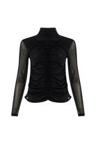 Exquise-Boğazlı Drapeli Uzun Kollu Slim Fit Siyah Tül Bluz-BLUZ-7-Milagron.com