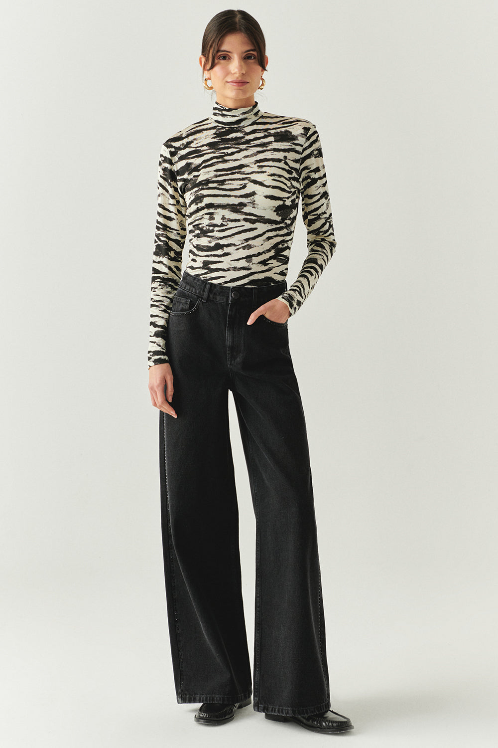 Exquise-Boğazlı Uzun Kollu Desenli Slim Fit örme Siyah Bluz-BLUZ-5-Milagron.com