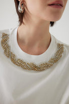 Exquise-Boncuk İşleme Yakalı Kısa Kol örme Tişört-T-Shirts-2-Milagron.com