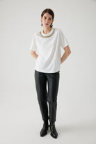 Exquise-Boncuk İşleme Yakalı Kısa Kol örme Tişört-T-Shirts-4-Milagron.com