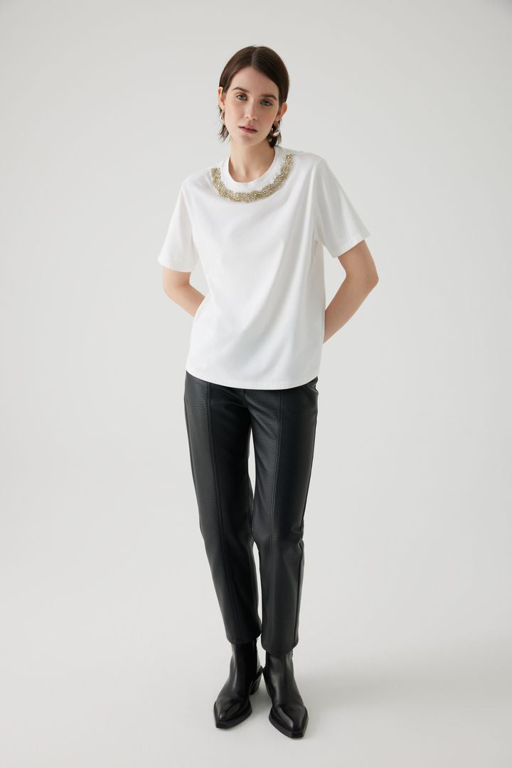 Exquise-Boncuk İşleme Yakalı Kısa Kol örme Tişört-T-Shirts-4-Milagron.com