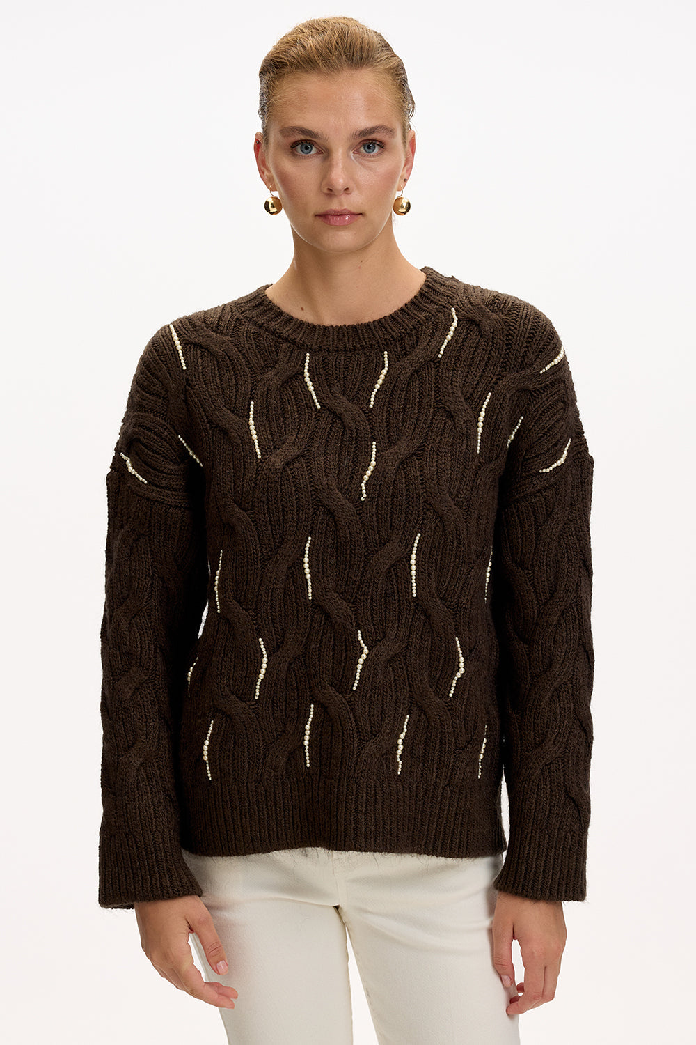 Exquise-Boncuk İşlemeli Bisiklet Yaka Regular Triko Kahve Bluz-BLUZ-1-Milagron.com