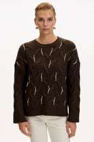 Exquise-Boncuk İşlemeli Bisiklet Yaka Regular Triko Kahve Bluz-BLUZ-1-Milagron.com