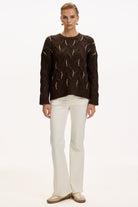 Exquise-Boncuk İşlemeli Bisiklet Yaka Regular Triko Kahve Bluz-BLUZ-2-Milagron.com