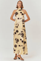 Exquise-Boyundan Bağlamalı çiçek Desenli Floş Kumaş Maxi Boy Elbise-ELBİSE-2-Milagron.com
