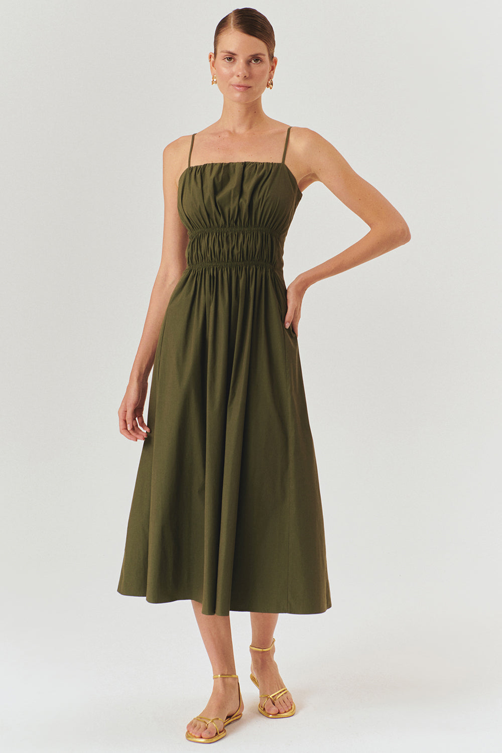 Exquise-Büzgü Detaylı Bele Oturan A Kesim Haki Elbise-ELBİSE-2-Milagron.com