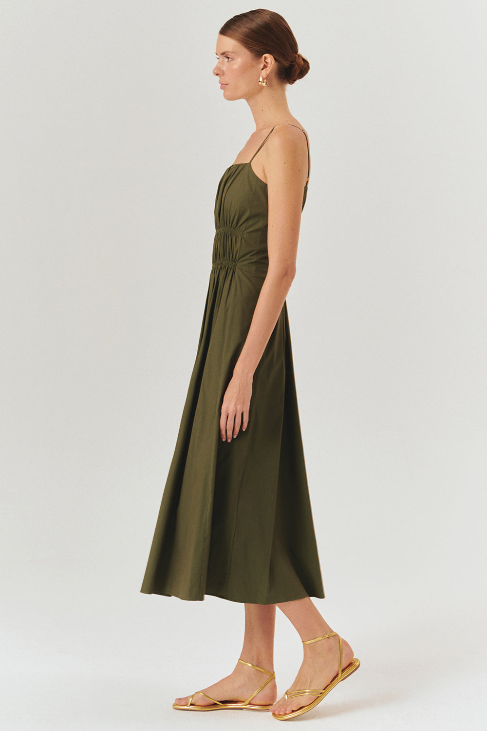 Exquise-Büzgü Detaylı Bele Oturan A Kesim Haki Elbise-ELBİSE-3-Milagron.com