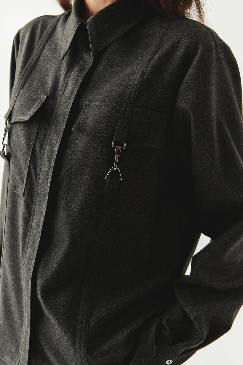 Exquise-Cepleri Aksesuarlı Uzun Kol Regular Dokuma Gri Gömlek-GÖMLEK-4-Milagron.com