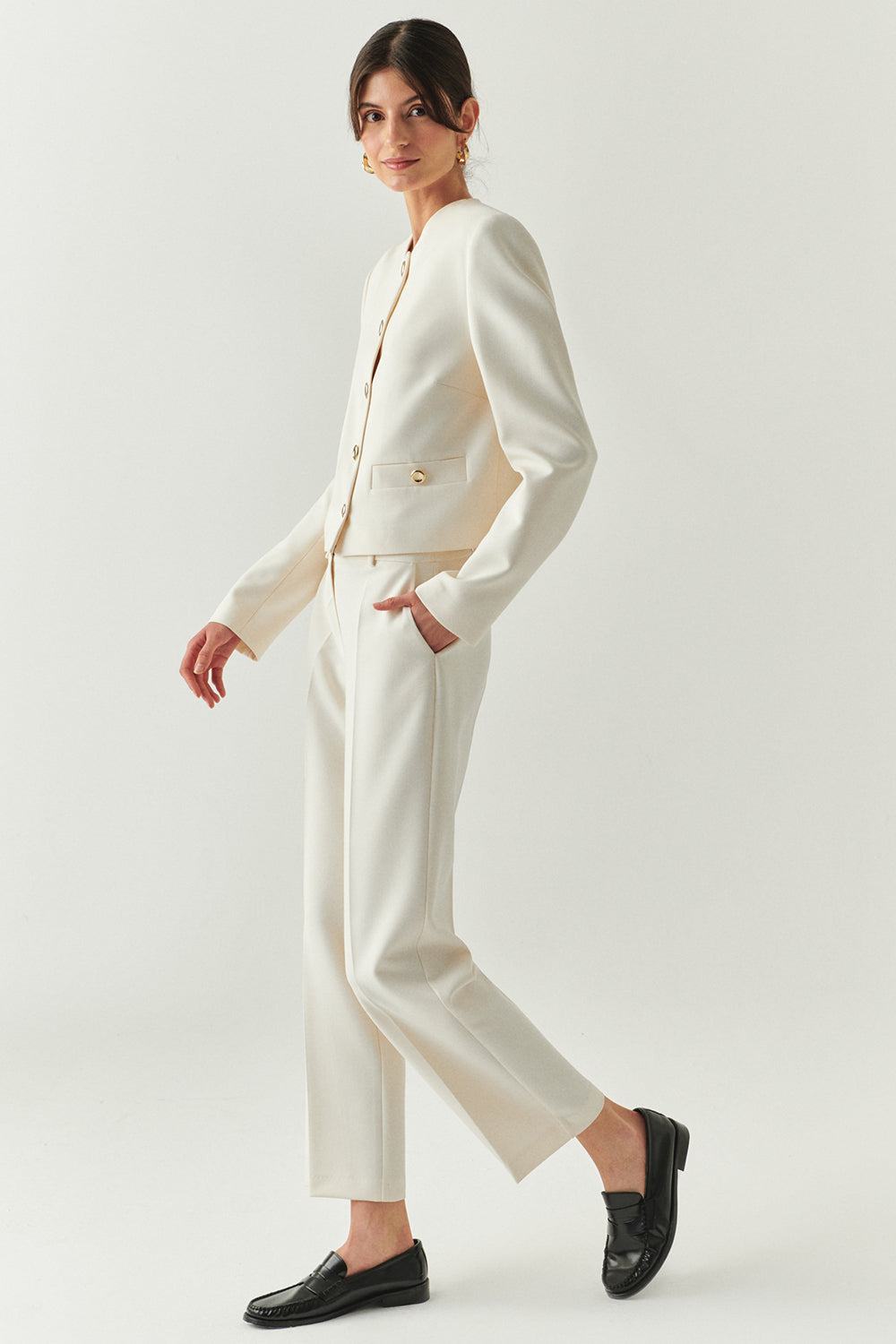 Exquise-Cepli Regular Yüksek Bel Dokuma Krem Pantolon-PANTOLON-2-Milagron.com