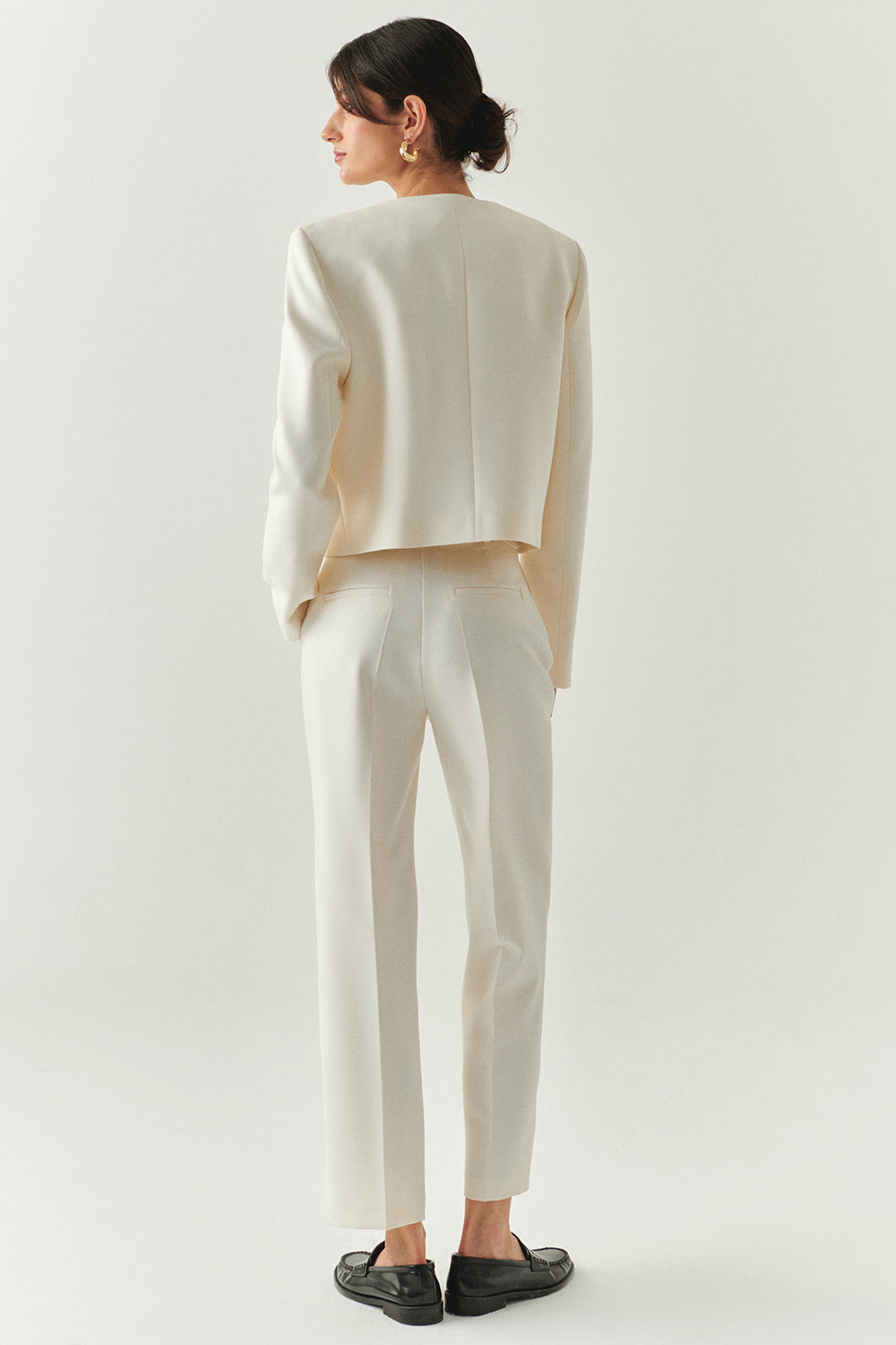 Exquise-Cepli Regular Yüksek Bel Dokuma Krem Pantolon-PANTOLON-3-Milagron.com