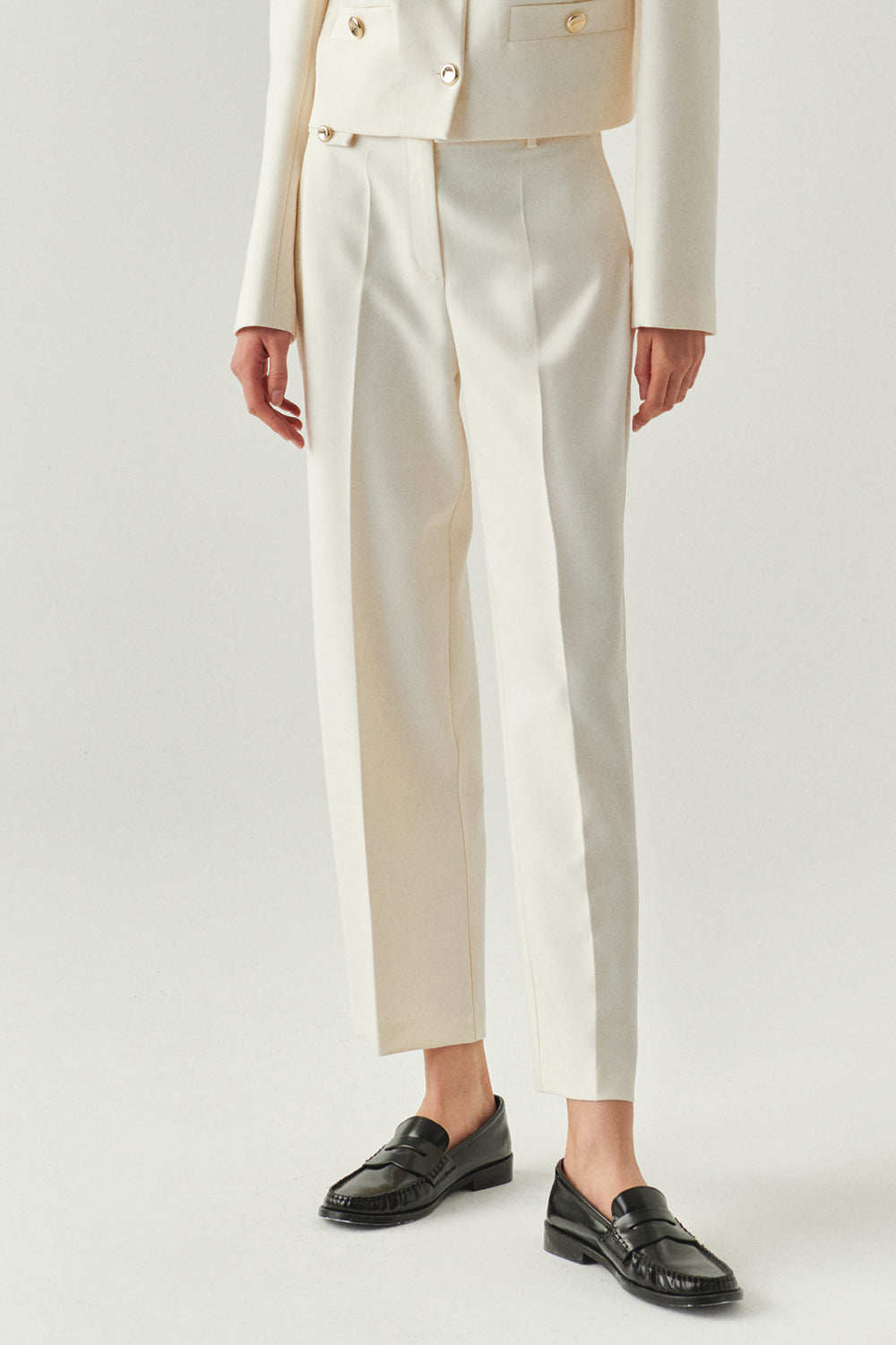 Exquise-Cepli Regular Yüksek Bel Dokuma Krem Pantolon-PANTOLON-5-Milagron.com