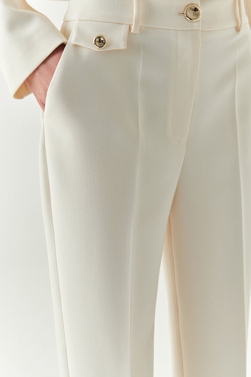 Exquise-Cepli Regular Yüksek Bel Dokuma Krem Pantolon-PANTOLON-6-Milagron.com