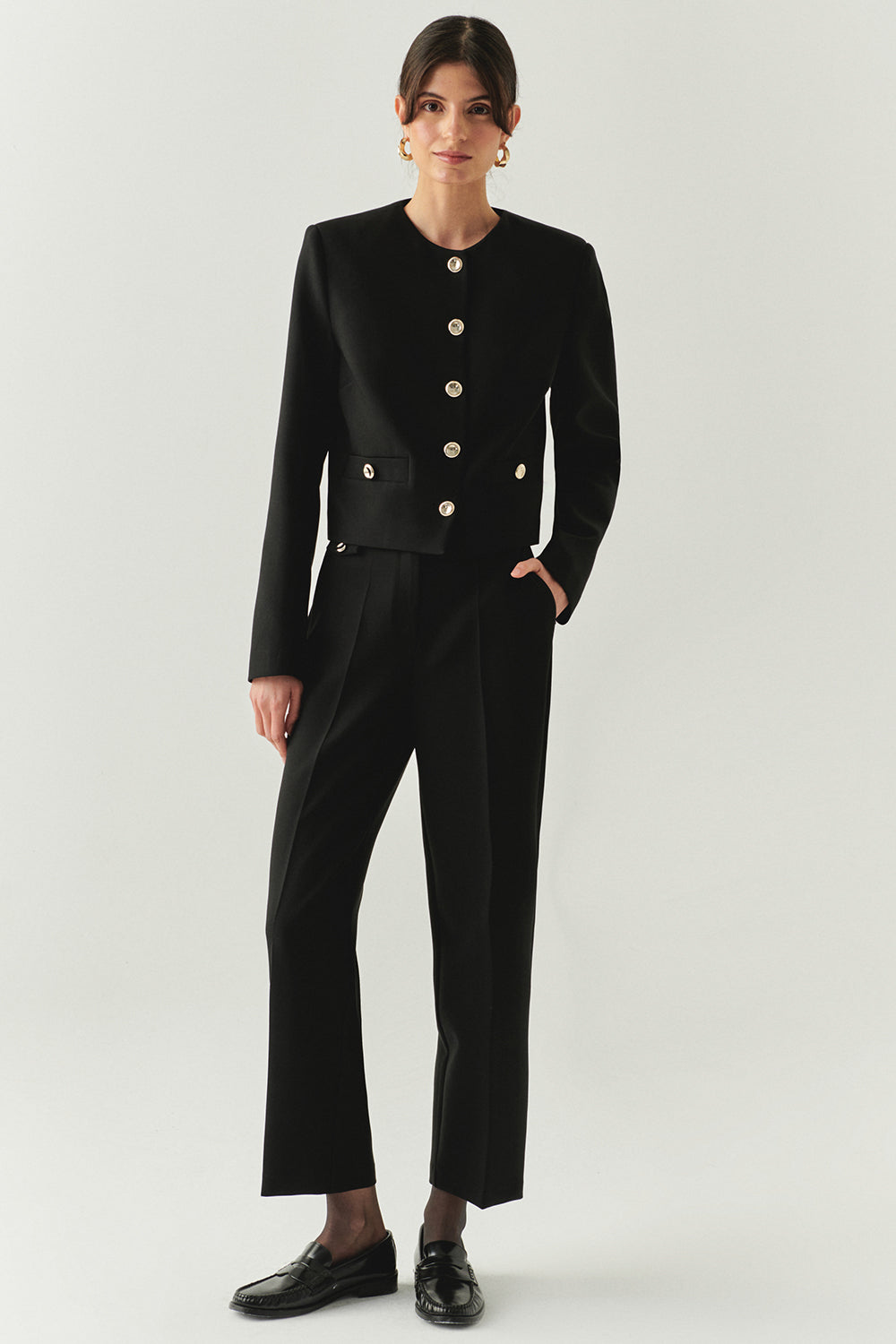 Exquise-Cepli Regular Yüksek Bel Dokuma Siyah Pantolon-PANTOLON-2-Milagron.com