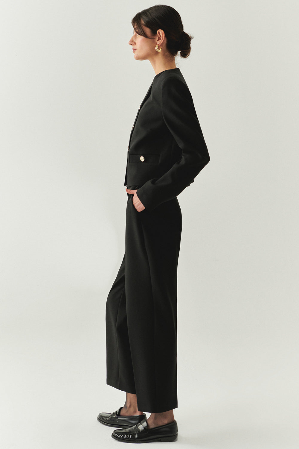 Exquise-Cepli Regular Yüksek Bel Dokuma Siyah Pantolon-PANTOLON-3-Milagron.com