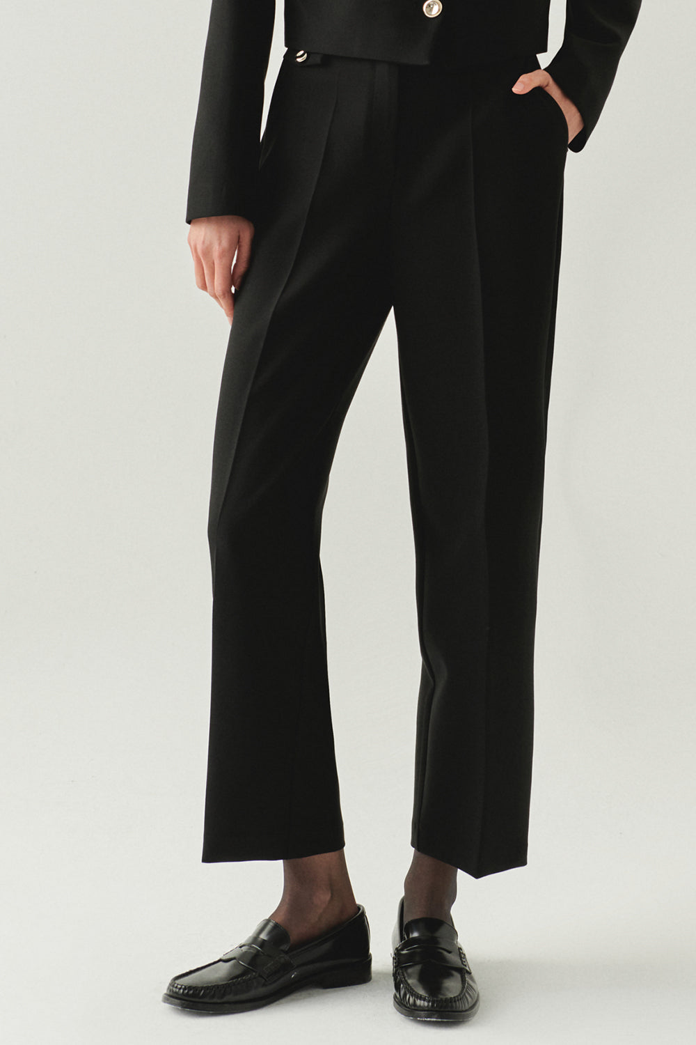 Exquise-Cepli Regular Yüksek Bel Dokuma Siyah Pantolon-PANTOLON-5-Milagron.com