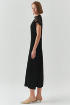 Exquise-Dantel Detaylı Kısa Kollu Regular Saten Midi Siyah Elbise-ELBİSE-2-Milagron.com