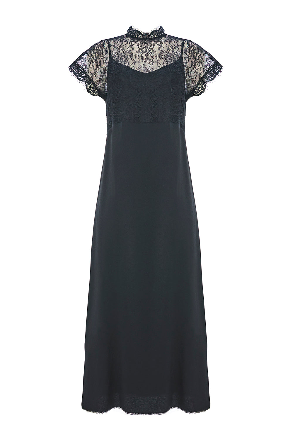 Exquise-Dantel Detaylı Kısa Kollu Regular Saten Midi Siyah Elbise-ELBİSE-6-Milagron.com