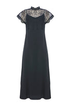 Exquise-Dantel Detaylı Kısa Kollu Regular Saten Midi Siyah Elbise-ELBİSE-6-Milagron.com