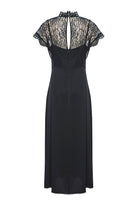 Exquise-Dantel Detaylı Kısa Kollu Regular Saten Midi Siyah Elbise-ELBİSE-7-Milagron.com