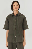 Exquise-Dantel Detaylı Rahat Kalıp Saf Keten Kısa Kol Gri Gömlek-Gömlek-1-Milagron.com