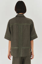 Exquise-Dantel Detaylı Rahat Kalıp Saf Keten Kısa Kol Gri Gömlek-Gömlek-5-Milagron.com