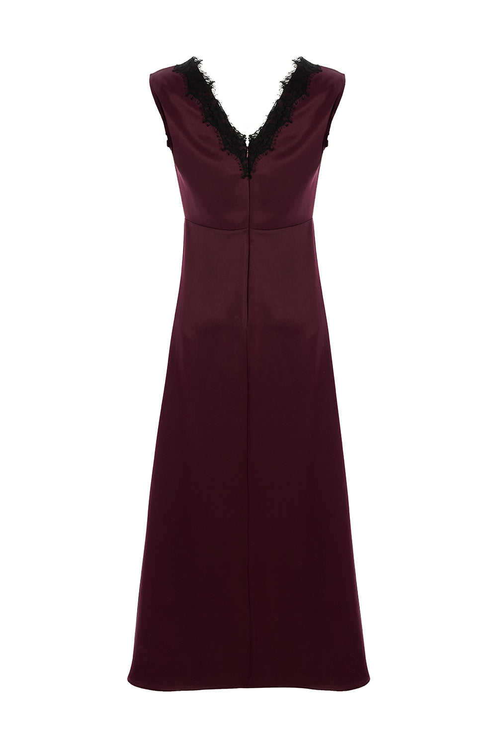 Exquise-Dantel Yaka Detaylı Regular Saten Midi Vişne Elbise-ELBİSE-8-Milagron.com