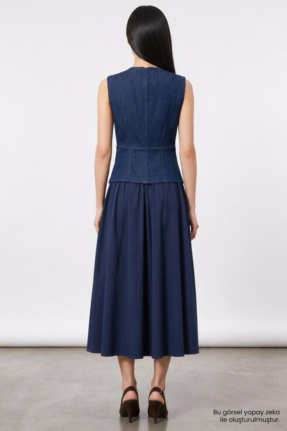 Denim Garnili Fermuarlı Regular Midi Mavi Elbise