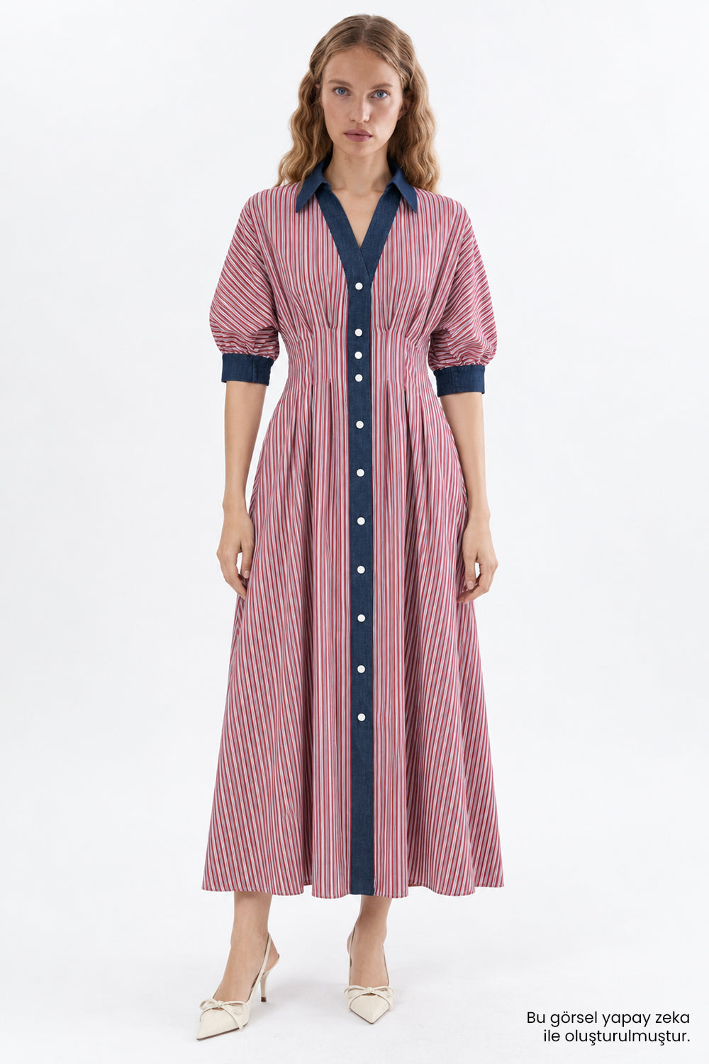 Denim Garni Reglan Kol Pileli Regular Midi Çok Renkli Elbise