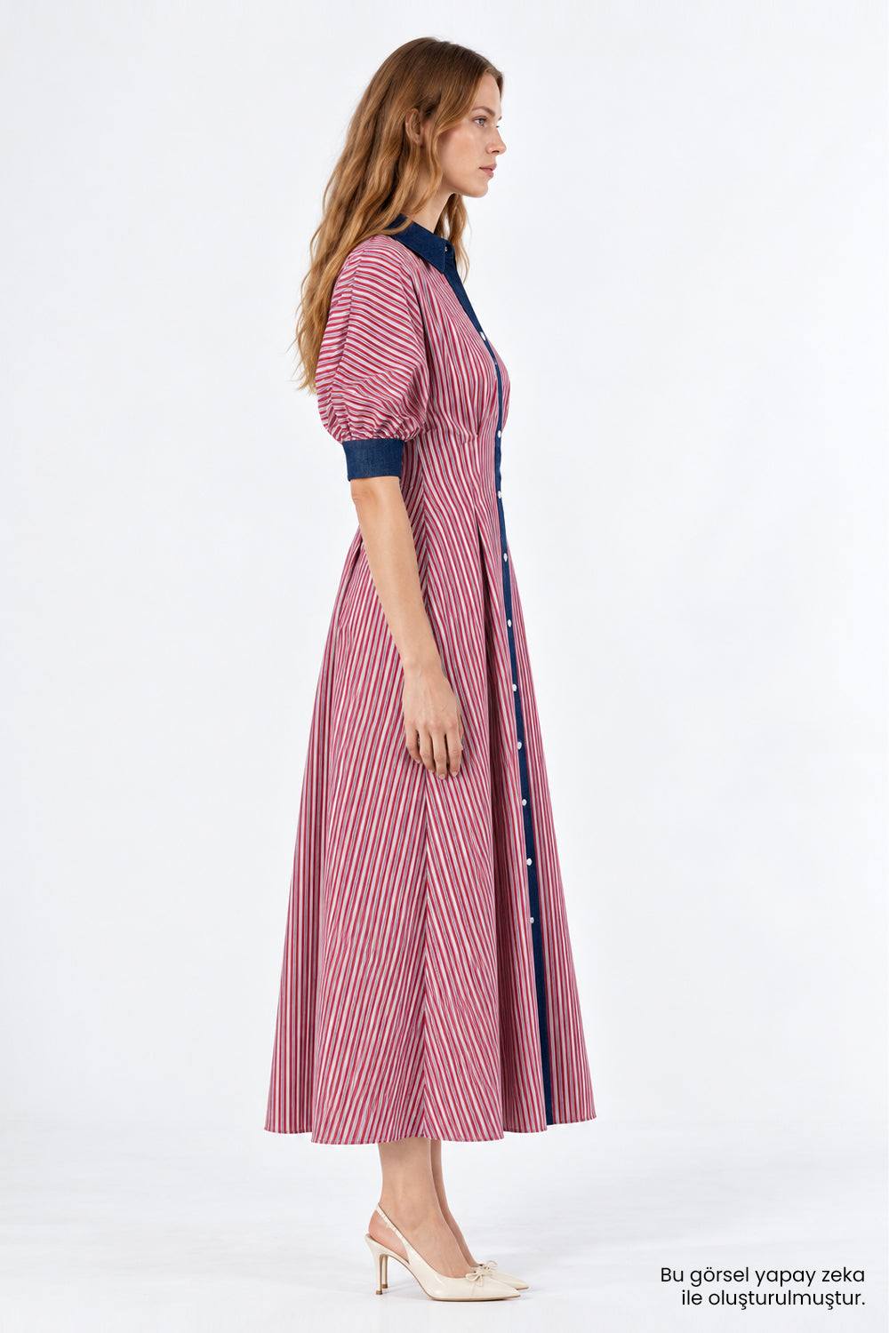 Denim Garni Reglan Kol Pileli Regular Midi Çok Renkli Elbise