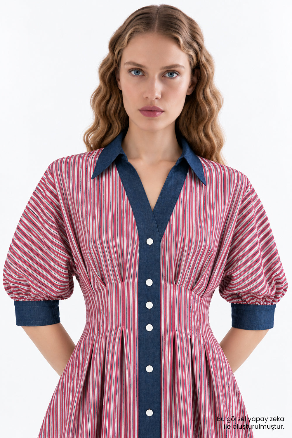 Denim Garni Reglan Kol Pileli Regular Midi Çok Renkli Elbise