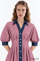 Denim Garni Reglan Kol Pileli Regular Midi Çok Renkli Elbise