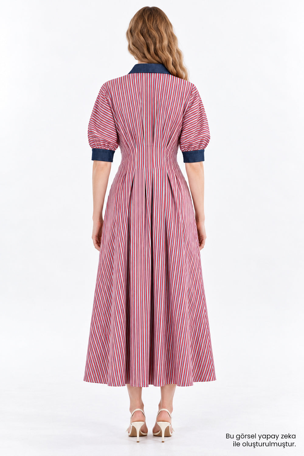 Denim Garni Reglan Kol Pileli Regular Midi Çok Renkli Elbise