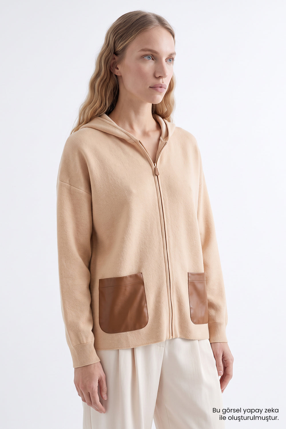 Deri Garnili Kapüşonlu Camel Triko Regular Hırka