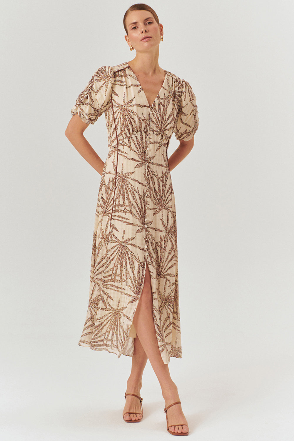 Exquise-Desenli Balon Kol V Yaka Düğmeli Regular Midi Rayon şifon Elbise-ELBİSE-1-Milagron.com